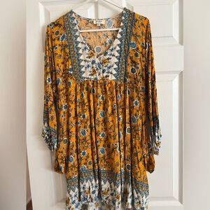 Y2K Umgee  Gold Floral Med Dress Boho Hippie Empire Waist Long sleeves